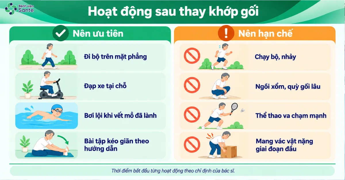 Các hoạt động thể thao nên ưu tiên và cần hạn chế sau phẫu thuật thay khớp gối nhân tạo