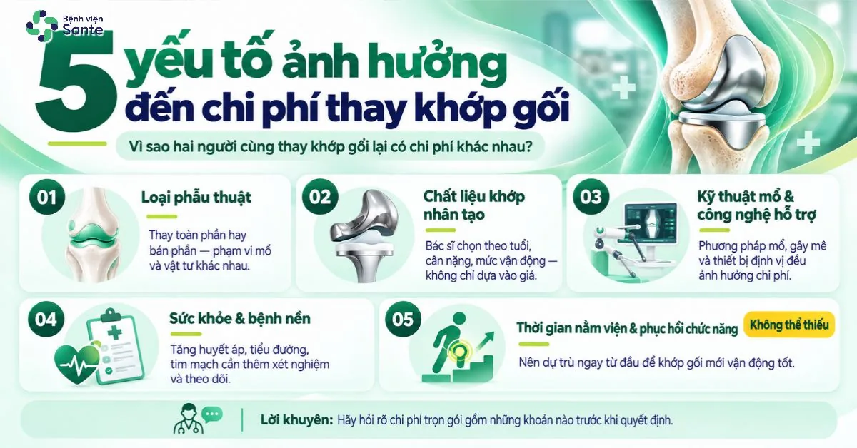 Bệnh viện Sante - Thay Khớp Gối Hết Bao Nhiêu Tiền? Chi Phí Và Mức BHYT Chi Trả 2026 (Hình 2) Infographic 5 yếu tố quyết định tổng chi phí thay khớp gối gồm loại phẫu thuật, vật liệu khớp, kỹ thuật mổ, bệnh nền và phục hồi chức năng